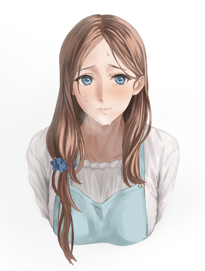 1girl, absurdres, apron, blue_apron, blue_eyes, blue_scrunchie, blush, brown_hair