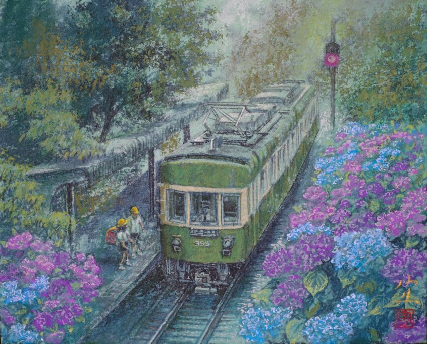 1boy, 1girl, absurdres, child, enoshima_electric_railway, field, fine_art_parody, flower, flower_field, highres, hydrangea, kamakura_(nichijou), multiple_unit_train, nihonga, original, parody, railroad_tracks, tanamachi_yoshihiro, traffic_light, train, train_station, train_station_platform, tree