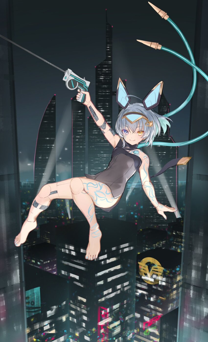 1girl, ahoge, barefoot, blue_hair, city, cyborg, full_body, grapple_gun