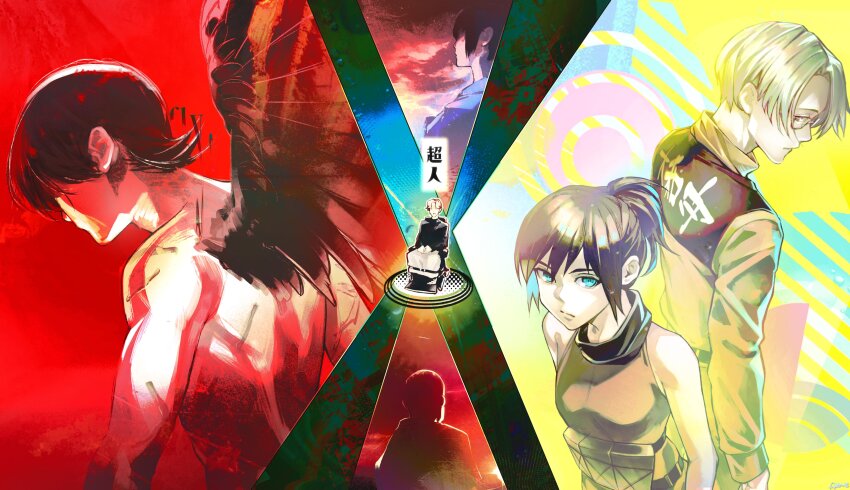 absurdres, ammenite, back-to-back, bare_shoulders, black_hair, black_wings, blonde_hair, blue_eyes, choujin_x, english_text, glasses, higashi_azuma_(choujin_x), highres, ichiiro_sato_(choujin_x), kurohara_kinako, kurohara_tobisuke, kurohara_tokio_(choujin_x), military_uniform, multiple_boys, multiple_girls, otta_ely_(choujin_x), topless_female, topless_male, wheelchair, wings