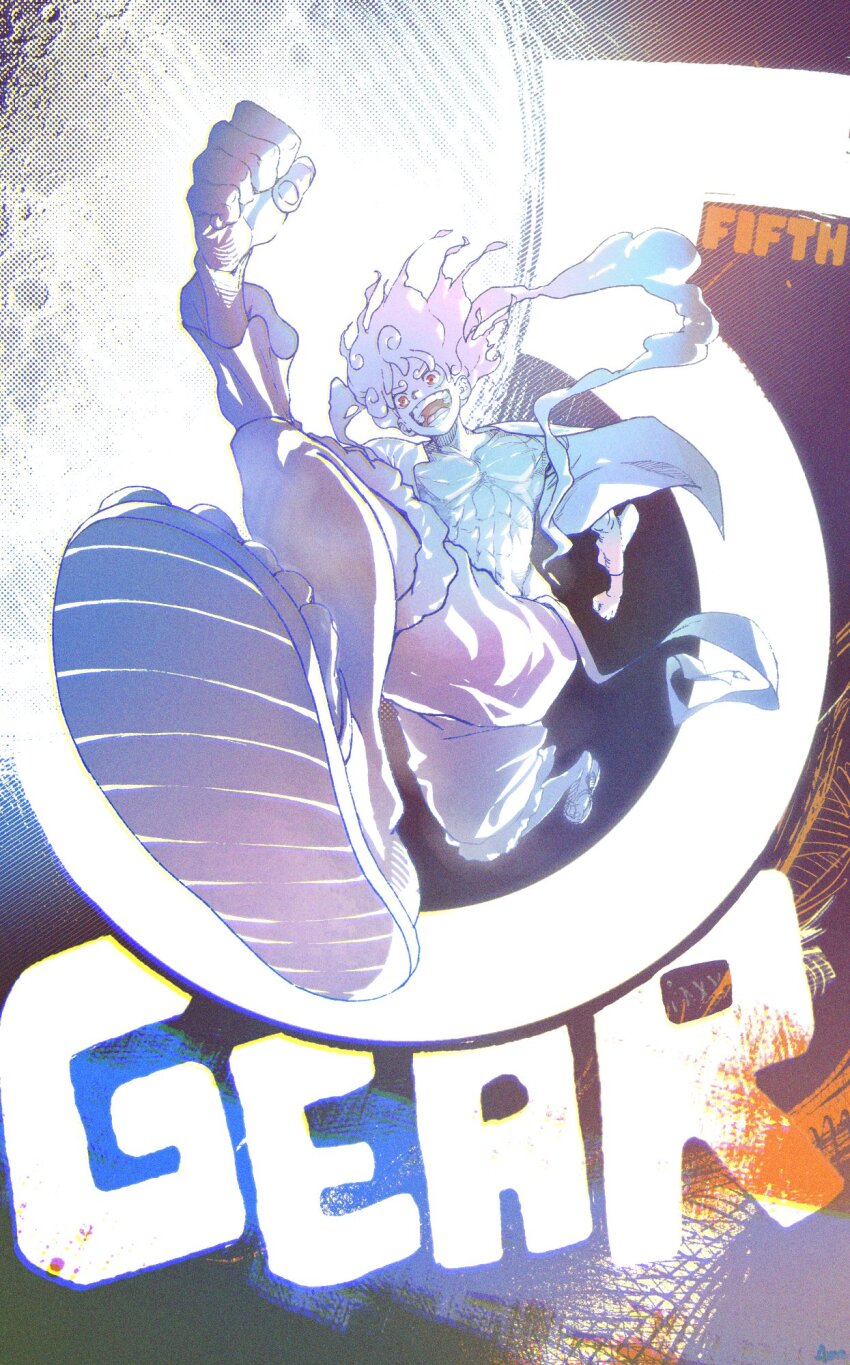 1boy, abs, ammenite, colored_skin, english_text, full_moon, gear_fifth, highres