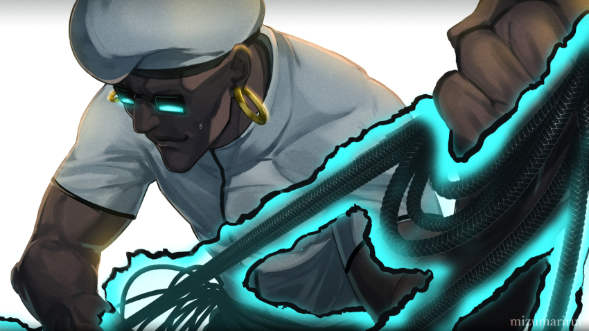 beret, dark-skinned_male, dark_skin, earrings, hat, highres, holding, holding_weapon