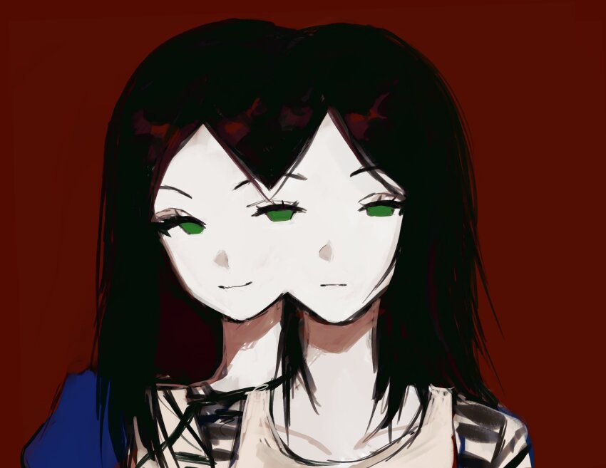 1girl, :3, alice:_madness_returns, alice_liddell_(american_mcgee's_alice), american_mcgee's_alice, black_hair, commentary, empty_eyes