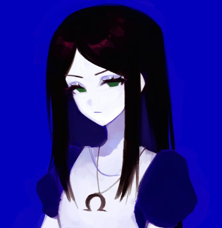 1girl, alice_liddell_(american_mcgee's_alice), american_mcgee's_alice, black_hair, blue_background, blue_eyeshadow, closed_mouth, commentary, english_commentary, expressionless, eyeshadow, green_eyes, half-closed_eyes, jewelry, long_eyelashes, long_hair, makeup, nonsensemanna, pale_skin, pendant, puffy_short_sleeves, puffy_sleeves, short_sleeves, sketch, solo, thick_eyelashes, upper_body