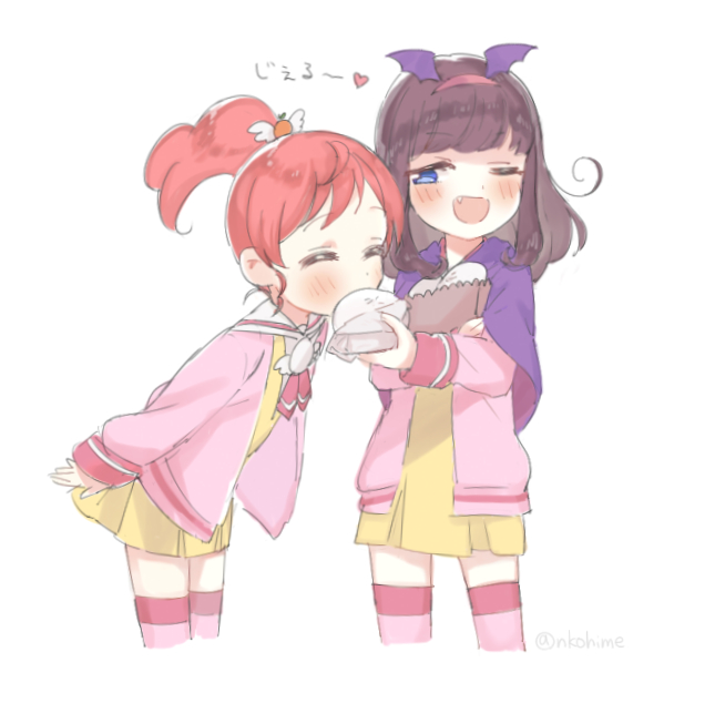 2girls, bad_id, bad_pixiv_id, steamed_bun, blue_eyes, brown_hair, cardigan, closed_eyes