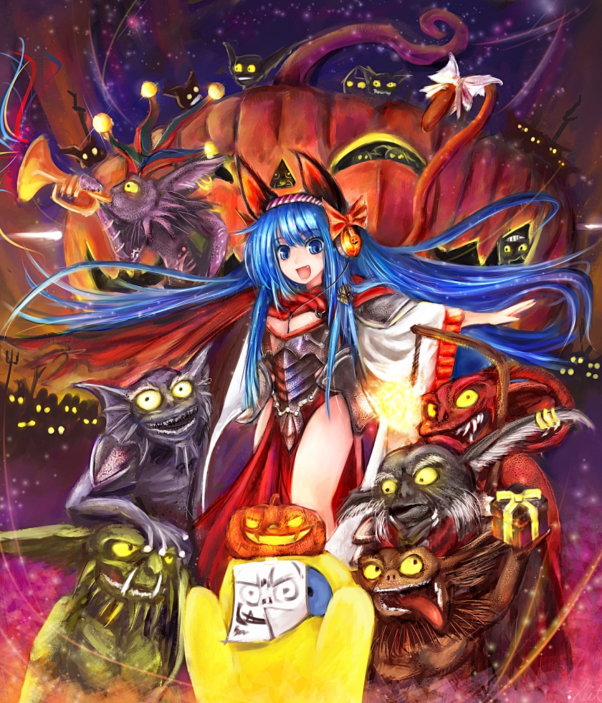 10s, 1girl, animal_ears, armor, bad_id, bad_pixiv_id, blue_hair, breasts, cape, cleavage, dot_heit, fire, genderswap, genderswap_(mtf), gift, gnarl, halloween, headphones, instrument, jack-o'-lantern, light, long_hair, medium_breasts, minion_(overlord), musical_note, night, open_mouth, overlord_(arpg), overlord_(character), photo_(object), pumpkin, quaver, quaver_(overlord), ribbon, roderick_bodkin, smile, st-ko, star_(symbol), steam_(platform), tail, trumpet, wolf_ears