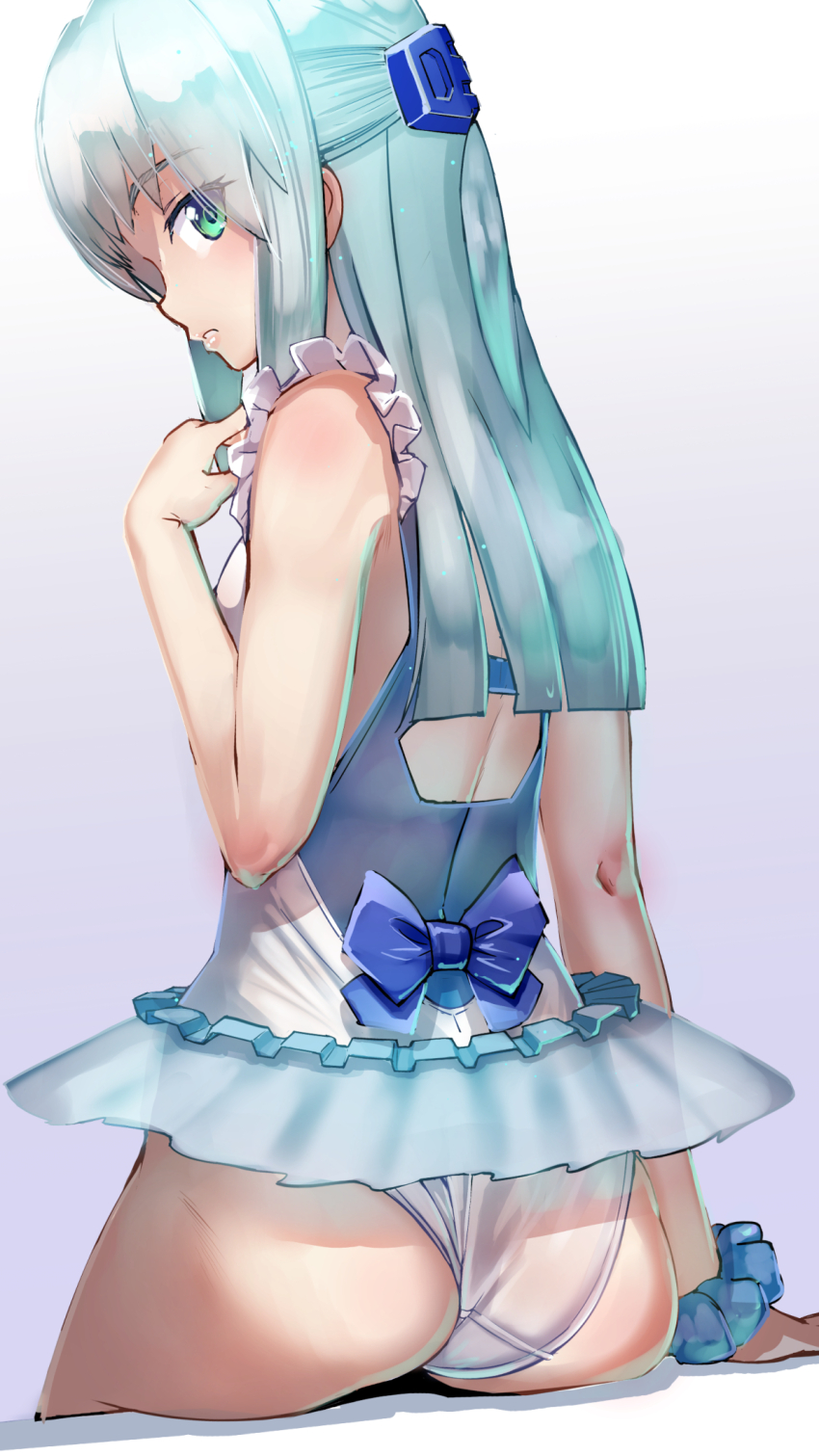 1girl, alice_gear_aegis, ass, blue_hair, blush, bow, from_behind, green_eyes