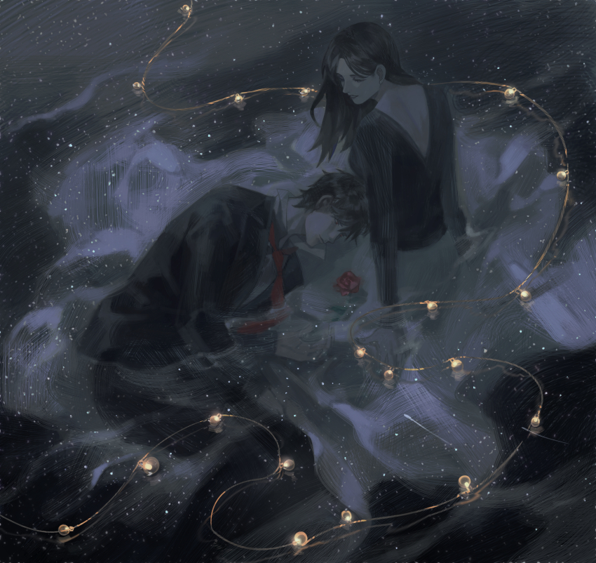 1boy, 1girl, absurdres, arm_support, back_cutout, black_hair, black_pants, black_shirt