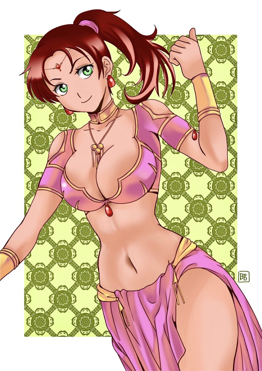1girl, arabian_clothes, arabian_fight, artist_name, belly_dancer, breasts, brown_hair, character_request