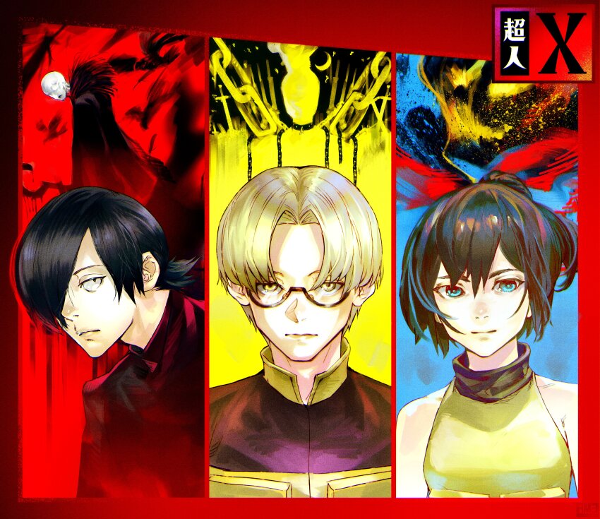 1girl, 2boys, absurdres, ammenite, bare_shoulders, black_eyes, black_shirt, blonde_hair