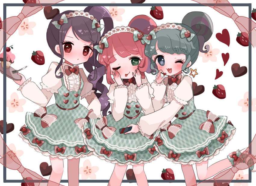 3girls, blue_bow, blue_dress, blue_eyes, blue_hair, blush, bow, candy