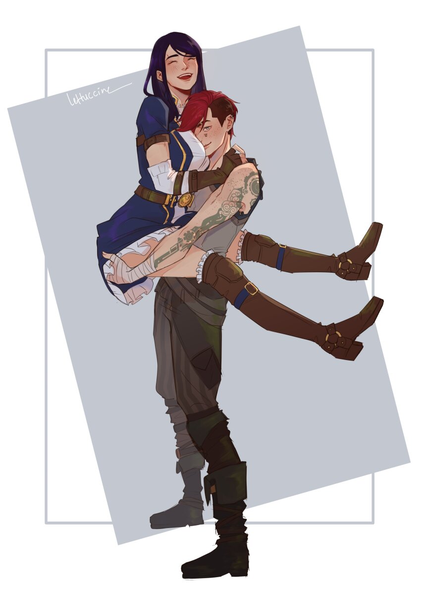 >_<, 2girls, :d, absurdres, arcane:_league_of_legends, arcane_caitlyn, arcane_vi, arm_tattoo, ascot, bandaged_hand, bandages, black_footwear, blue_hair, blue_jacket, brown_footwear, brown_gloves, brown_pants, caitlyn_(league_of_legends), closed_eyes, facial_tattoo, gloves, had_a_dream_everyone_was_drawing_lesbian_ships_like_this_(meme), head_on_chest, highres, jacket, jun_(lettuccine), league_of_legends, long_hair, meme, multiple_girls, open_mouth, pants, red_hair, roman_numeral, signature, smile, striped_clothes, striped_pants, swept_bangs, tattoo, vi_(league_of_legends), white_ascot, xd