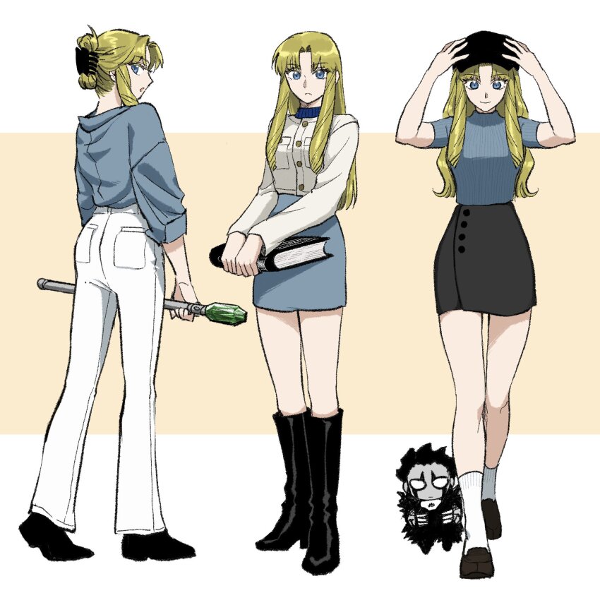 1boy, 1girl, ankle_boots, black_hat, blonde_hair, blue_eyes, blue_shirt, book, boots, brago_(konjiki_no_gash!!), brown_background, chibi, commentary, drill_hair, full_body, hair_ornament, hairclip, hands_on_own_head, hat, highres, holding, holding_book, holding_staff, jacket, konjiki_no_gash!!, long_hair, long_sleeves, multiple_views, ozaki_(tsukiko3), pants, parted_bangs, sherry_belmont, shirt, socks, staff, untranslatable_commentary, white_jacket, white_pants