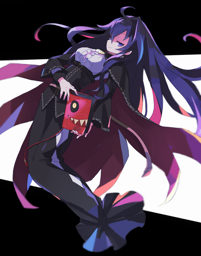 1girl, ahoge, black_background, black_hair, book, cape, commentary_request, dronia_(majo_no_ryodan)