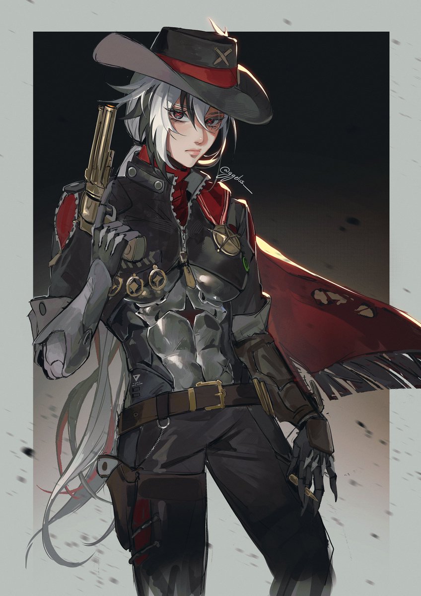 1girl, arlecchino_(genshin_impact), belt, black_belt, black_hair, black_hat, black_jacket, black_pants, boothill_(honkai:_star_rail), boothill_(honkai:_star_rail)_(cosplay), commentary, cosplay, fedora, genshin_impact, ggelus, gun, handgun, hat, highres, holding, holding_gun, holding_weapon, honkai:_star_rail, honkai_(series), jacket, long_hair, low_ponytail, multicolored_hair, pants, ponytail, revolver, solo, standing, streaked_hair, very_long_hair, weapon, white_hair