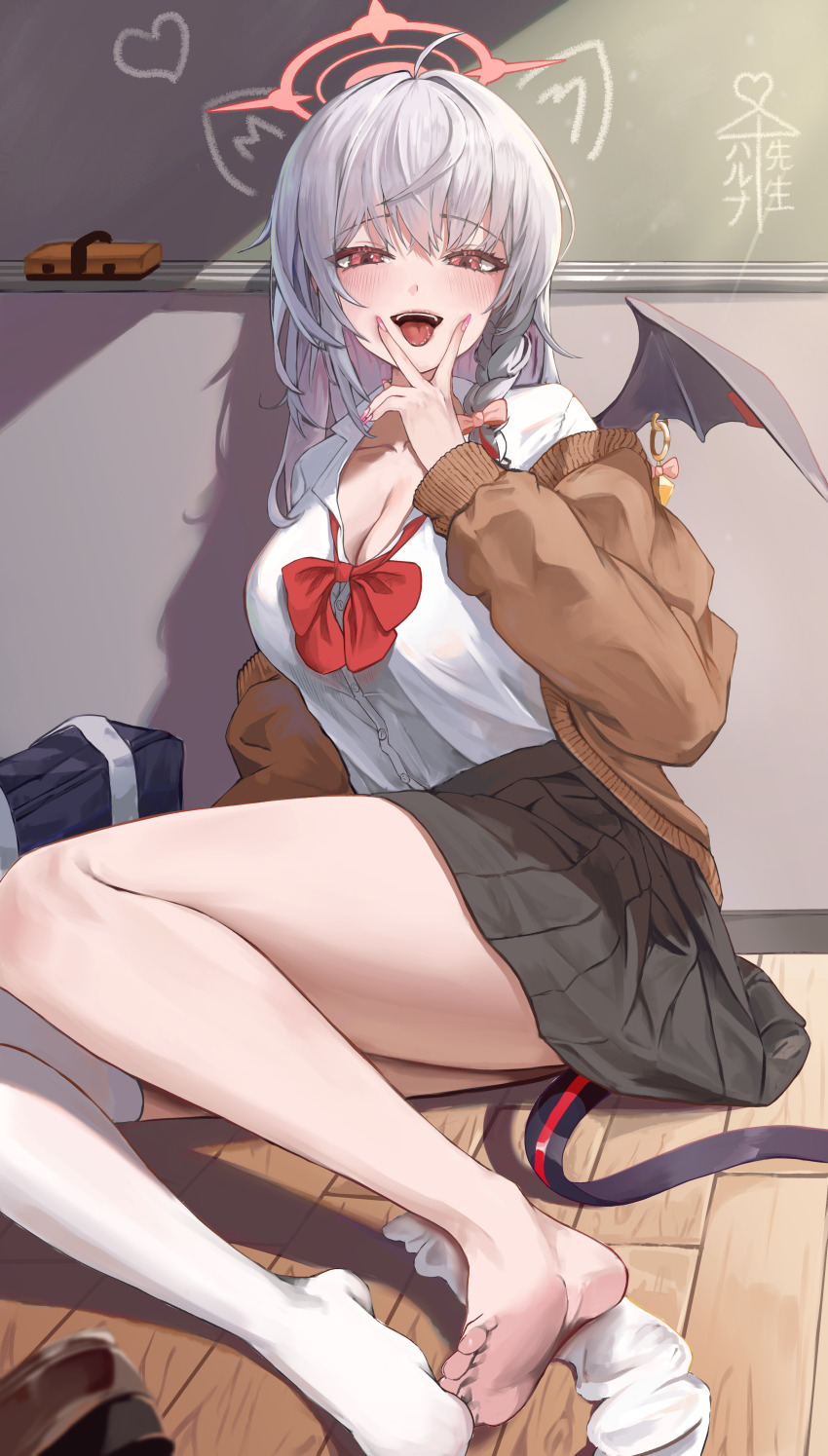 1girl, absurdres, barefoot, black_tail, black_wings, blue_archive, blush, bow