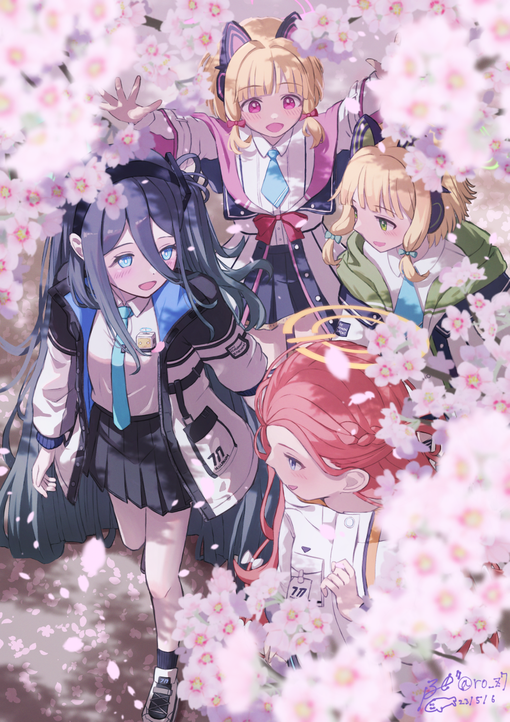 4girls, :d, animal_ear_headphones, animal_ears, aqua_bow, aqua_halo, aris_(blue_archive), black_hair