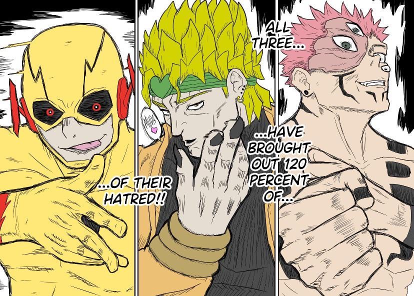 120%_potential_(meme), blonde_hair, blowing_kiss, comic_panel_redraw, dc_comics, derivative_work, dio_brando, diobutfemale, english_text, eobard_thawne, extra_eyes, green_eyes, jojo_no_kimyou_na_bouken, jujutsu_kaisen, kiss, meme, muscular, muscular_male, pink_hair, professor_zoom, red_eyes, reverse_flash, ryoumen_sukuna_(jujutsu_kaisen), ryoumen_sukuna_(true_form)_(jujutsu_kaisen), sharp_teeth, tattoo, teeth, tongue, tongue_out