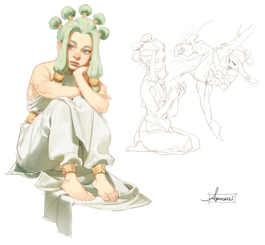 1girl, absurdres, arucelli, bare_arms, bare_shoulders, barefoot, clenched_teeth, clinging, closed_mouth, commentary, crossed_arms, english_commentary, expressionless, full_body, green_hair, grey_eyes, hair_bobbles, hair_ornament, halter_shirt, halterneck, hand_on_own_arm, hand_on_own_cheek, hand_on_own_face, highres, in_tree, kneeling, knees_up, lips, looking_at_viewer, multiple_hair_buns, multiple_views, original, pants, partially_colored, puffy_pants, realistic, scared, shirt, short_hair_with_long_locks, signature, simple_background, sitting, sweatdrop, teeth, thick_eyebrows, toenails, toes, tree, white_background, white_pants, white_shirt