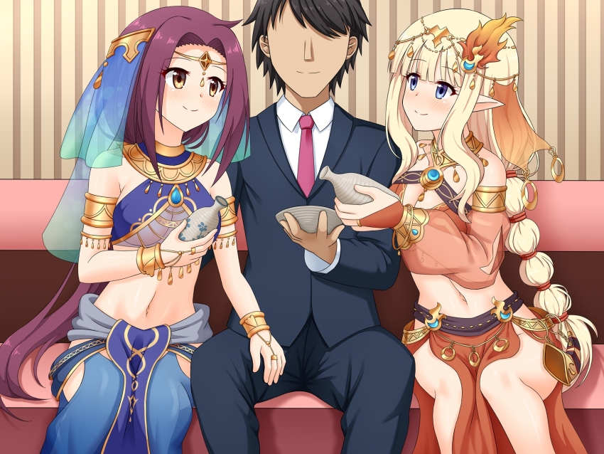 1boy, 2girls, armlet, bikini, blonde_hair, blue_eyes, blunt_bangs, body_jewelry, bottle, bracer, braid, breasts, brooch, brown_hair, circlet, dancer, elf, fingerless_gloves, fire_hair_ornament, formal_clothes, gloves, hair_intakes, hair_ornament, hand_on_another's_leg, highres, jewelry, medium_breasts, multiple_girls, navel, neck_ring, necktie, o-ring, orange_bikini, pelvic_curtain, pointy_ears, princess_connect!, red_gloves, ruka_(princess_connect!), ruka_(sarasaria)_(princess_connect!), sake_bottle, saren_(princess_connect!), saren_(sarasaria)_(princess_connect!), see-through_clothes, see-through_sleeves, sitting, smile, suit, swimsuit, tamba_i, yellow_eyes