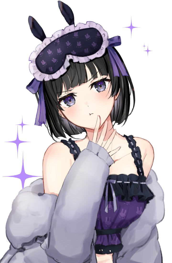 1girl, :t, bare_shoulders, black_hair, blush, cardigan, closed_mouth, cropped_shirt