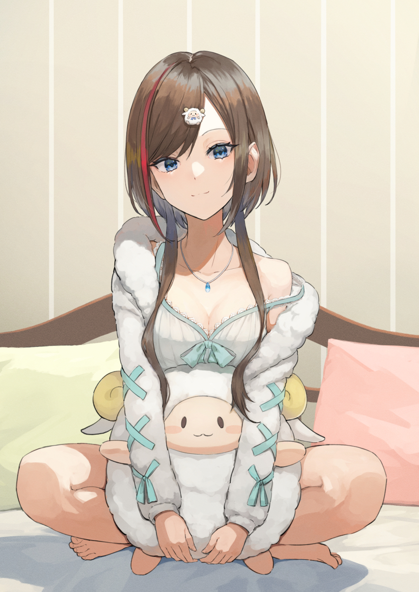 1girl, absurdres, babydoll, barefoot, bed, blue_bow, blue_eyes, blue_ribbon, bow, breasts, brown_hair, cardigan, cleavage, hair_ornament, highres, indian_style, jewelry, kurusu_natsume, kurusu_natsume_(3rd_costume), long_hair, looking_at_viewer, medium_breasts, multicolored_hair, necklace, nightgown, nijisanji, off_shoulder, pillow, red_hair, ribbon, ribbon-trimmed_sleeves, ribbon_trim, sheep_hair_ornament, short_hair_with_long_locks, sitting, sleepwear, smile, solo, strap_slip, streaked_hair, stuffed_animal, stuffed_sheep, stuffed_toy, swept_bangs, toima_(beat0829), virtual_youtuber, white_babydoll, white_cardigan