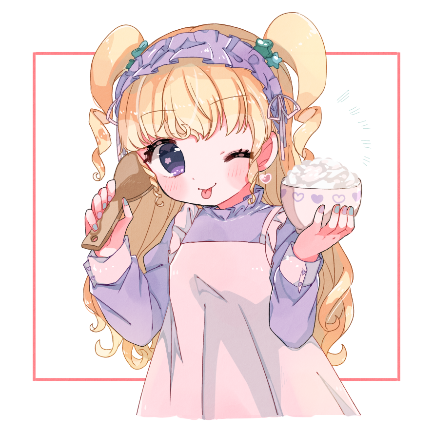 1girl, ;p, apron, blonde_hair, bowl, cropped_torso, hairband, hands_up