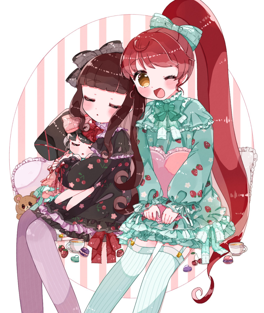 3girls, ;d, black_dress, black_hair, blue_dress, blue_thighhighs, blunt_bangs, blush, bow, brown_hair, cherry_print, closed_eyes, cup, dress, feet_out_of_frame, food, food_print, frilled_dress, frills, fruit, fruit_print, gaaruru_(pripara), hair_bow, heart, heart-shaped_pillow, highres, invisible_chair, kira_(kiratwins), kurosu_aroma, long_hair, long_sleeves, looking_at_viewer, macaron, mini_person, minigirl, multiple_girls, one_eye_closed, open_mouth, pillow, ponytail, pretty_series, pripara, red_hair, shiratama_mikan, sidelocks, sitting, sleeping, sleeping_on_person, smile, strawberry, teacup, thighhighs, twintails, very_long_hair, yellow_eyes