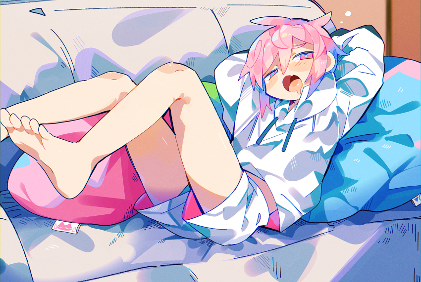 1boy, barefoot, blue_eyes, commentary_request, couch, drooling, heterochromia, highres