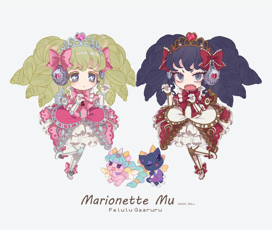 2girls, :o, bad_id, bad_pixiv_id, black_hair, bow, character_name, chibi