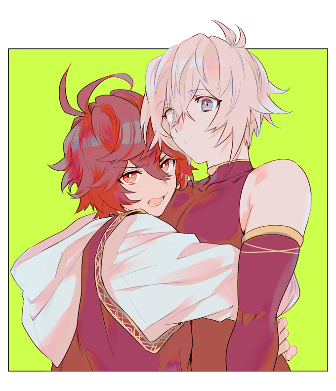 2boys, ahoge, angry, blue_eyes, brown_hair, commentary_request, elbow_gloves, expressionless, furrowed_brow, gloves, granblue_fantasy, green_background, hair_between_eyes, hood, hood_down, hoodie, hug, jealous, looking_at_viewer, looking_back, lucifer_(shingeki_no_bahamut), masakane, messy_hair, multiple_boys, open_mouth, red_eyes, sandalphon_(granblue_fantasy), short_hair, sleeveless, sleeveless_turtleneck, turtleneck, upper_body, white_hair, white_hoodie, yaoi