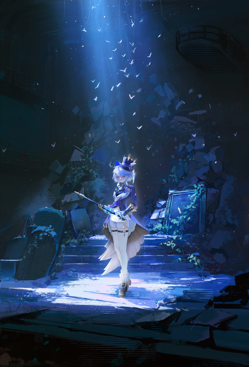 1girl, absurdres, ahoge, ascot, black_shoes, blue_ascot, blue_coat, blue_eyes, blue_hair, bow, coat, expressionless, footwear_bow, furina_(genshin_impact), genshin_impact, half-closed_eyes, hat, hat_ornament, highres, holding, holding_sword, holding_weapon, long_sleeves, looking_down, overgrown, painting_(object), plant, rubble, rufen284, scenery, shoes, short_hair, shorts, simple_bird, socks, solo, spotlight, stairs, standing, sword, thigh_strap, top_hat, vines, weapon, white_hair, white_shorts, white_socks, wide_shot