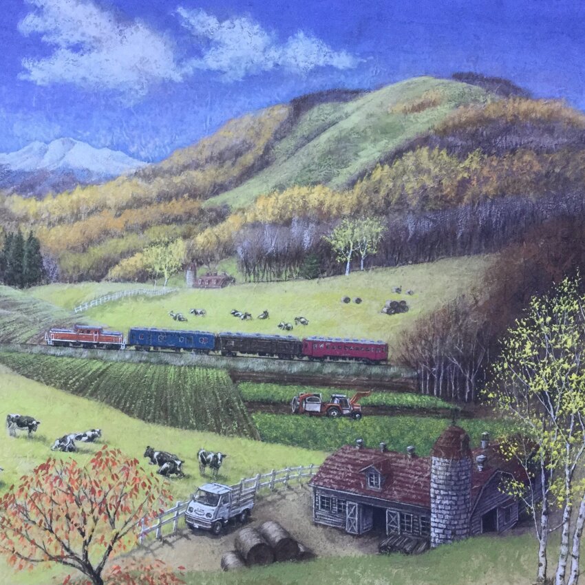 blue_sky, cloud, cloudy_sky, diesel_locomotive, farm, farmer, fine_art_parody, forest