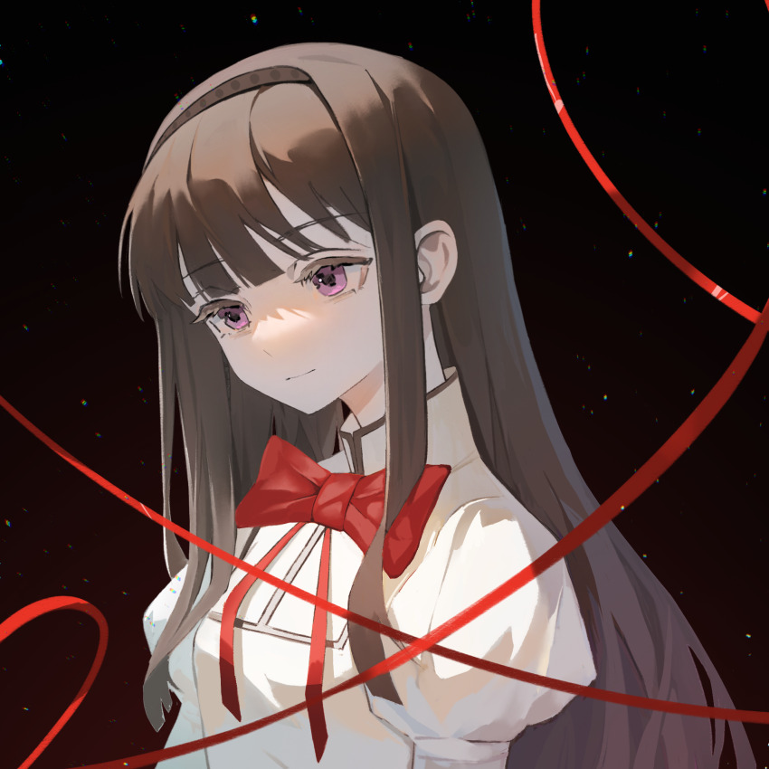 1girl, akemi_homura, black_background, black_hair, black_hairband, bow, bowtie, chinese_commentary