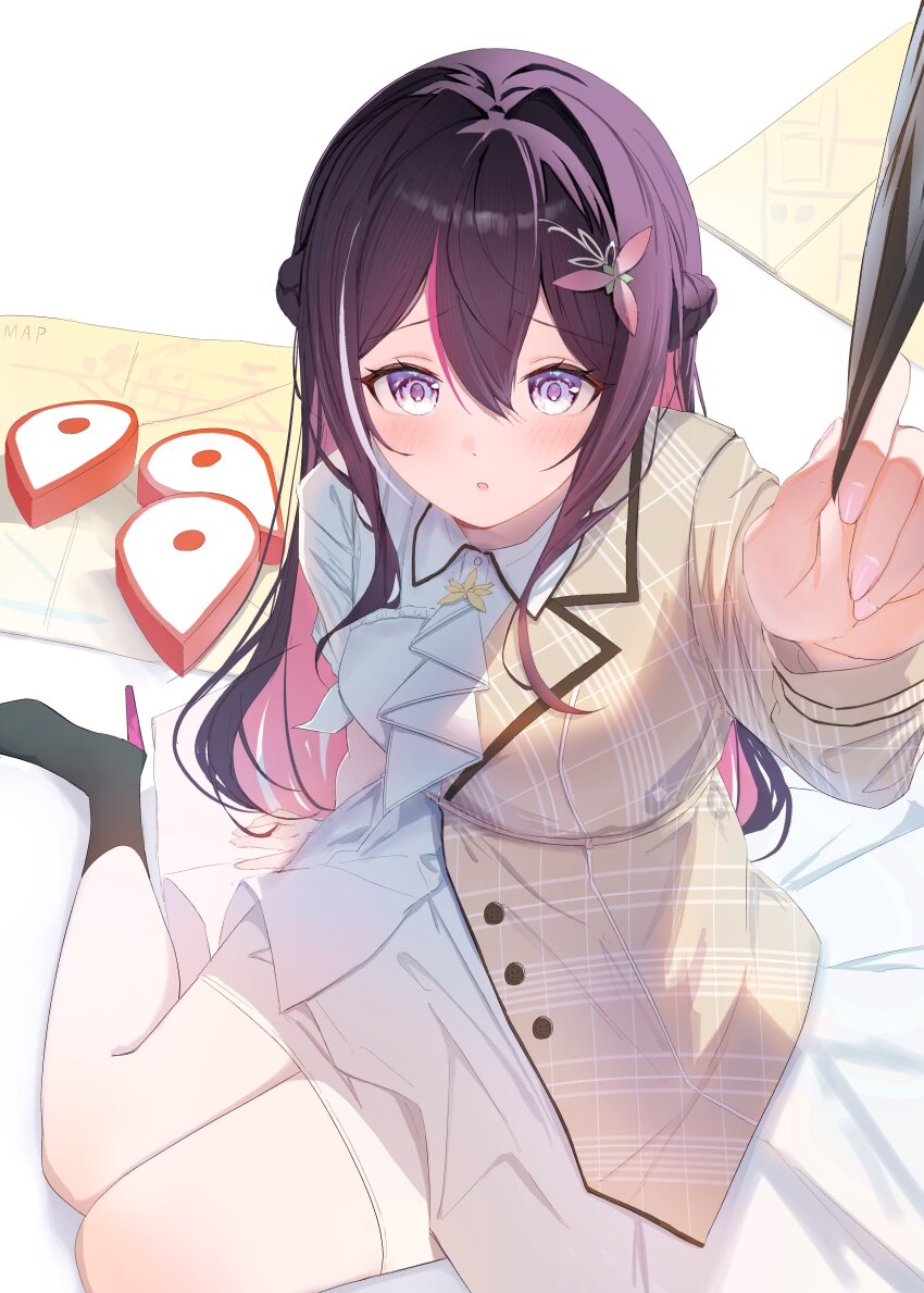 1girl, absurdres, arm_support, ascot, azki_(4th_costume)_(hololive), azki_(hololive), black_footwear, black_hair