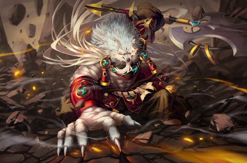 1boy, abs, absurdres, armor, axe, bara, battle_axe, commentary