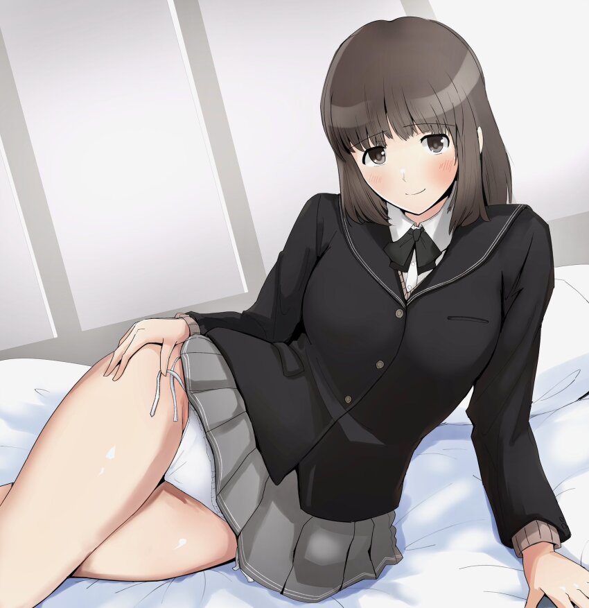 1girl, amagami, bed_sheet, black_bow, black_bowtie, black_jacket, black_sailor_collar, blazer