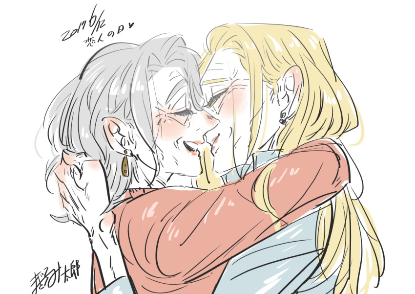 2girls, blonde_hair, blue_shirt, earrings, eyelashes, grey_hair, hug, jewelry, long_hair, long_sleeves, medium_hair, multiple_girls, old, old_woman, open_mouth, original, pink_lips, red_shirt, shirt, smile, tarousanlove1, white_background, wrinkled_skin, yuri