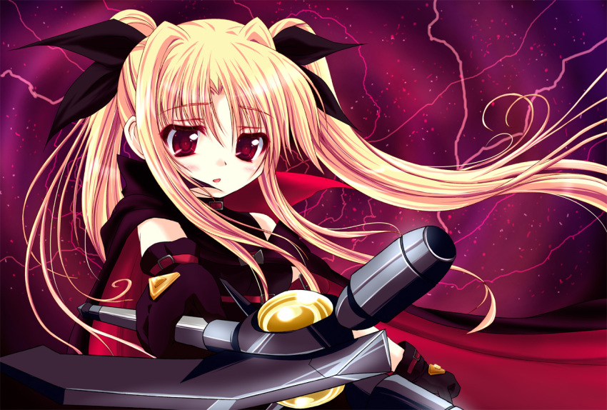 00s, axe, bardiche_(device_form)_(nanoha), bardiche_(nanoha), blonde_hair, fate_testarossa, fate_testarossa_(original_form), long_hair