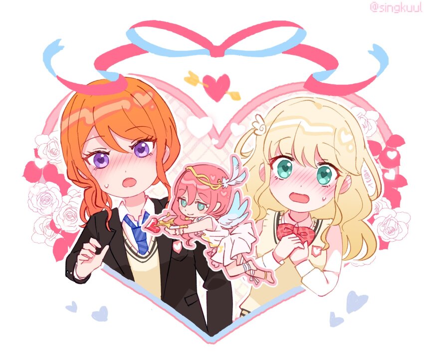 3girls, alternate_hairstyle, ankle_strap, arm_at_side, arrow_(projectile), arrow_through_heart, barefoot, black_jacket