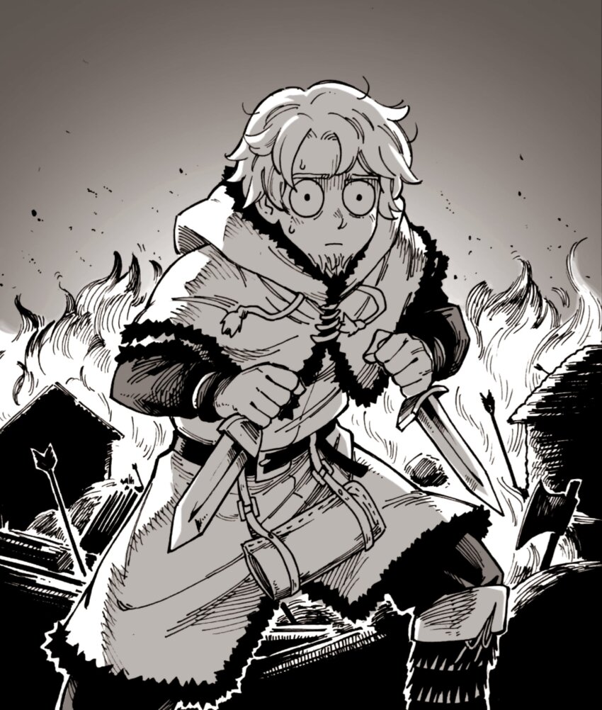 1boy, andony_strawhat, battle, bug-eyes, constricted_pupils, cosplay, dagger, dual_wielding, facial_hair, fire, goatee, greyscale, highres, holding, knife, legs_apart, light_blush, looking_ahead, male_focus, monochrome, sheath, short_hair, solo, standing, sweatdrop, thorfinn, thorfinn_(cosplay), unkempt, viking, vinland_saga, wavy_hair, weapon