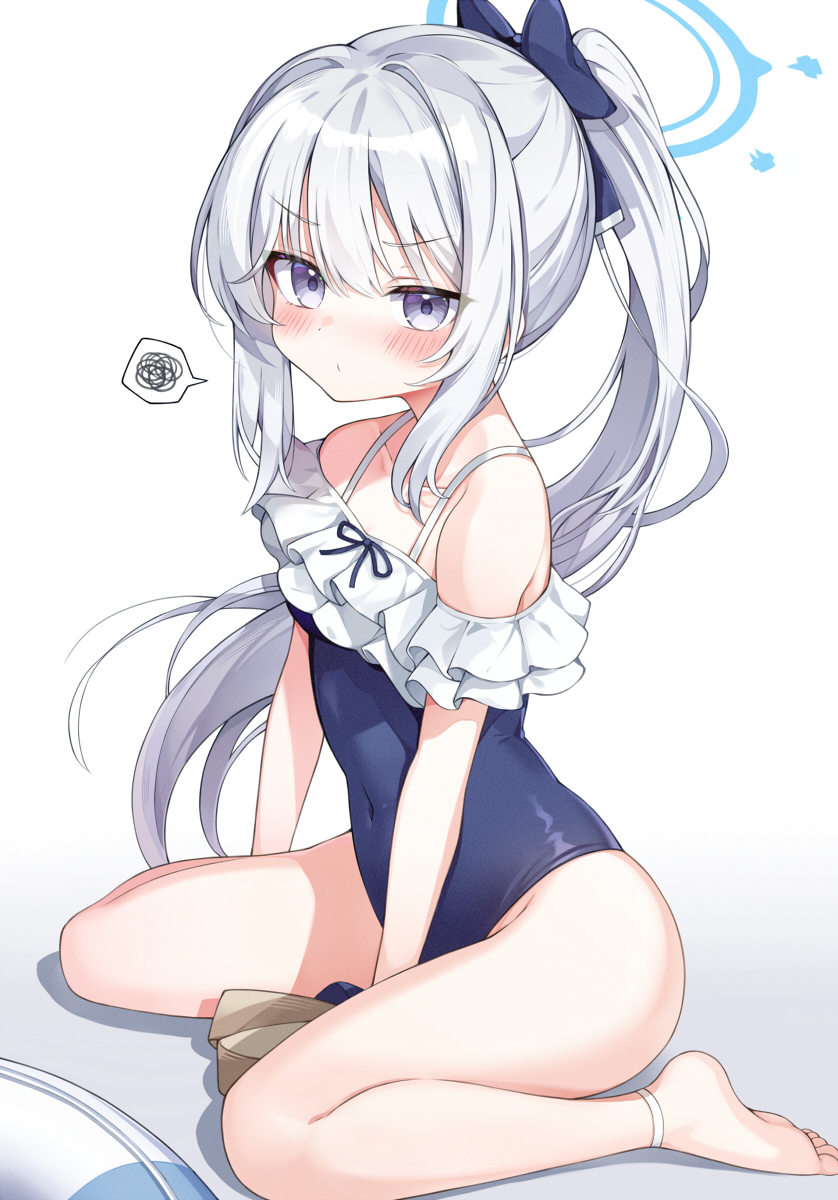 1girl, anklet, bare_legs, bare_shoulders, barefoot, between_legs, blue_archive, blue_halo