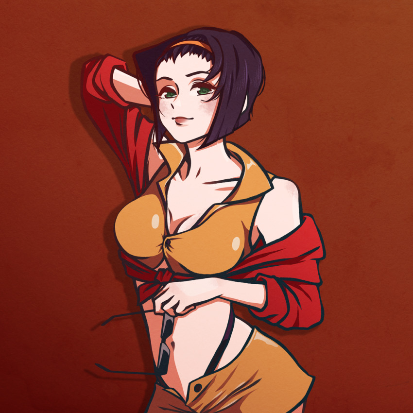 1girl, breasts, cleavage, cowboy_bebop, crop_top, faye_valentine, green_eyes, hair_ornament