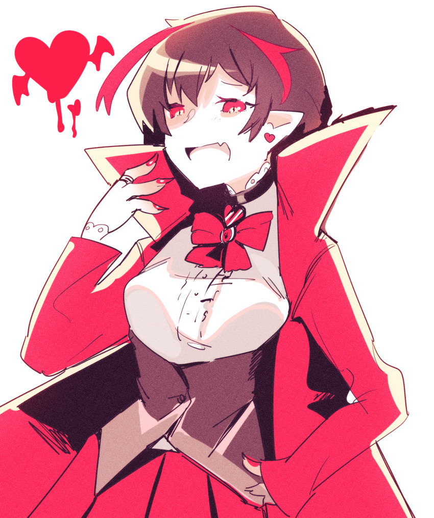 1girl, bow, bowtie, breasts, brown_corset, brown_hair, center_frills, coat, corset, fang, fingernails, frills, genderswap, genderswap_(mtf), hand_up, highres, library_of_ruina, madotsuki_ren, medium_breasts, multicolored_hair, nosferatu_(project_moon), open_mouth, project_moon, red_bow, red_bowtie, red_coat, red_eyes, red_hair, red_nails, red_skirt, sharp_fingernails, shirt, short_hair, simple_background, skin_fang, skirt, smile, solo, streaked_hair, vampire, white_shirt
