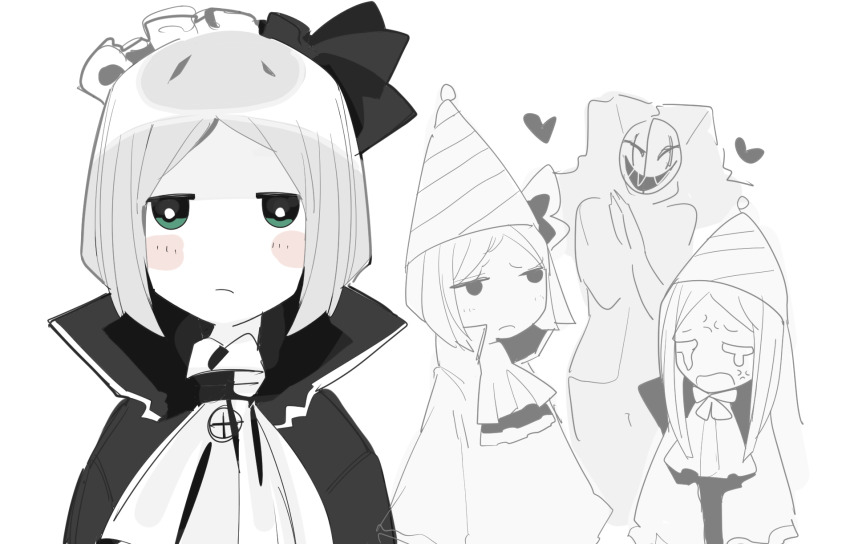 1boy, 2girls, anger_vein, ascot, black_bow, black_jacket, blush, bow