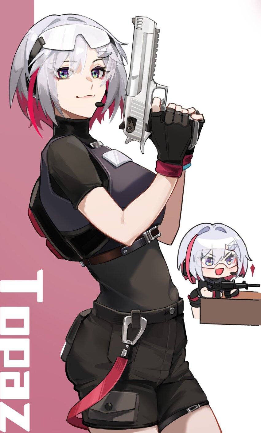 1girl, 625light, absurdres, assault_rifle, black_gloves, black_shirt, black_shorts, black_vest