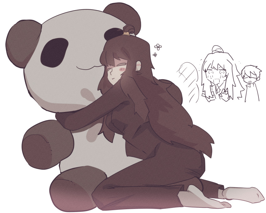 1boy, 1girl, black_pants, blush, breasts, brown_hair, closed_mouth, film_grain, hair_bun, highres, library_of_ruina, long_hair, lowell_(project_moon), madotsuki_ren, medium_breasts, open_mouth, pants, pout, project_moon, sidelocks, simple_background, sitting, socks, stuffed_animal, stuffed_panda, stuffed_toy, very_long_hair, wariza, white_background, white_socks, xiao_(project_moon)