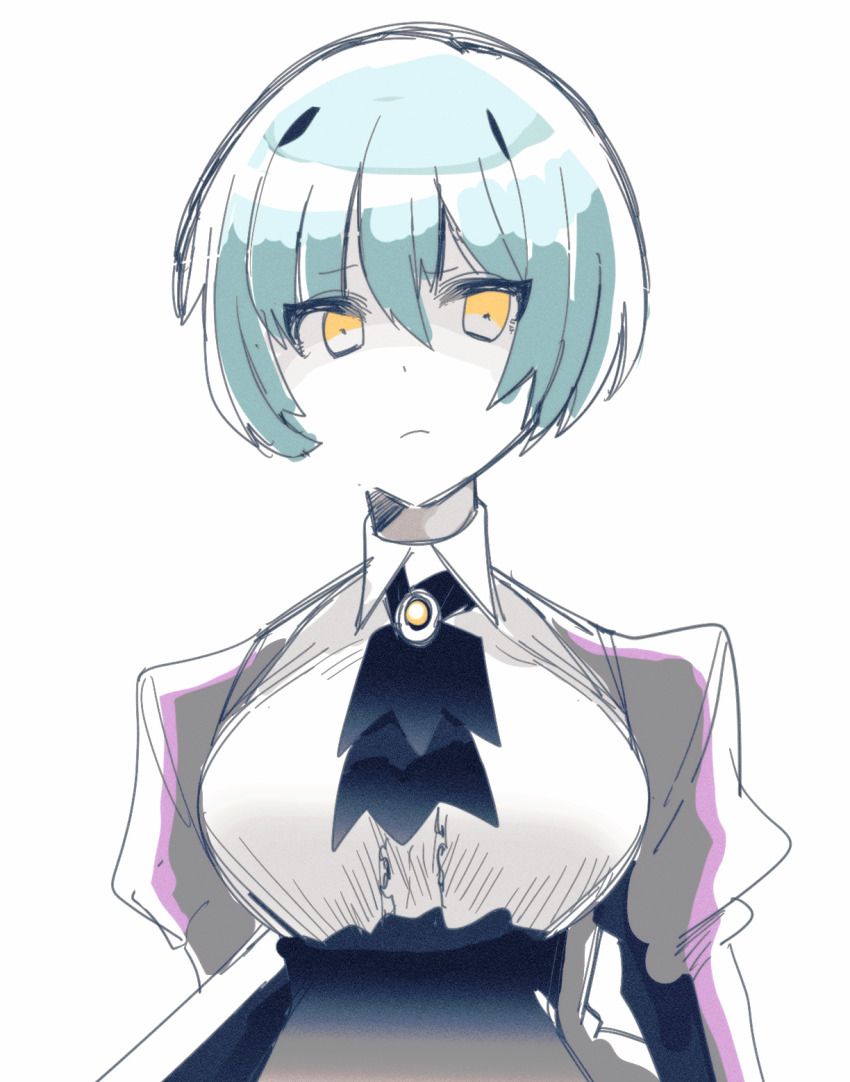 1girl, angela_(project_moon), black_skirt, blue_hair, breasts, brown_jacket, center_frills, closed_mouth