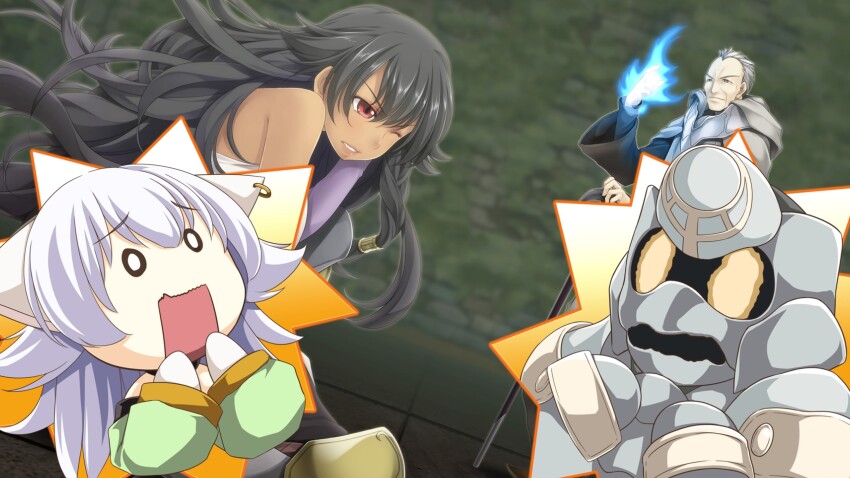 1boy, 1girl, animal_ears, armor, atelier-moo, bald, bare_shoulders, breasts