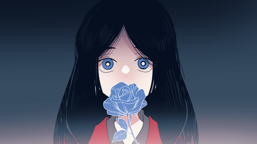 1other, black_hair, black_shirt, blue_eyes, blue_flower, blue_rose, coat, collared_shirt